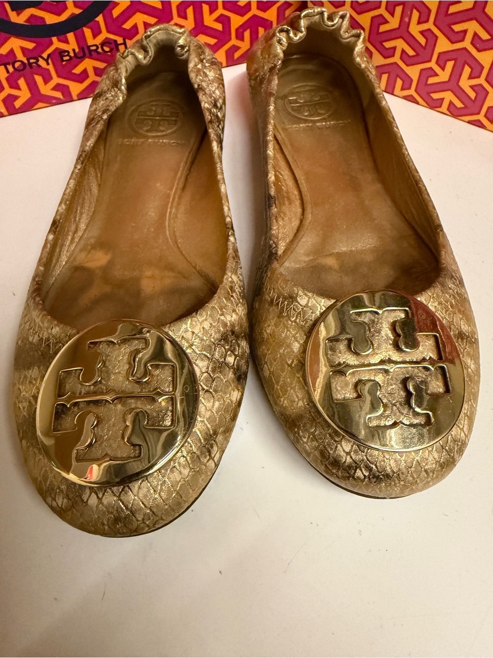 Tory Burch Gold Snake-Embossed Logo Ballet Flats